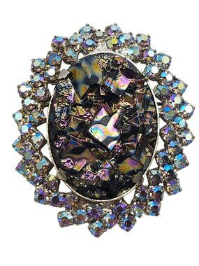 Black Geode Glass Aurora Borealis Rhinestone Oval Vintage Brooch Pin 2.25 Inches